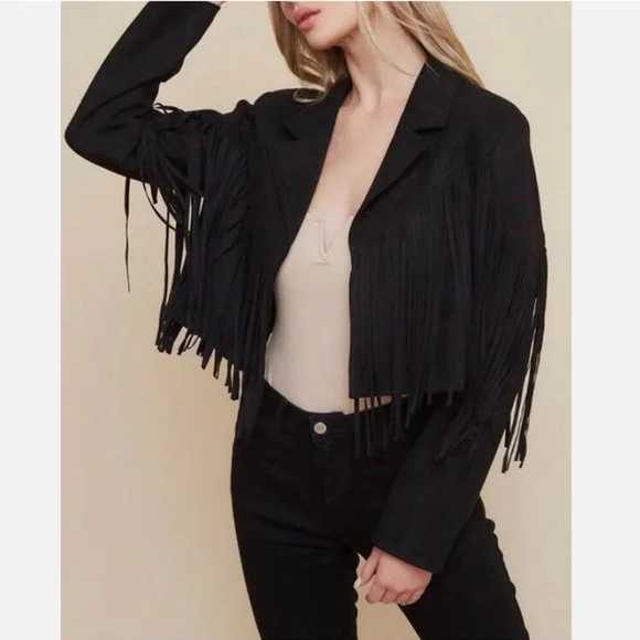 REVEROF Women's Black Faux Suede Leather Fringe Jacket Size L Western Cow Girl - Picture 10 of 10